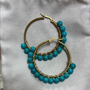 Gold and Turquoise Beaded Hoop Earrings